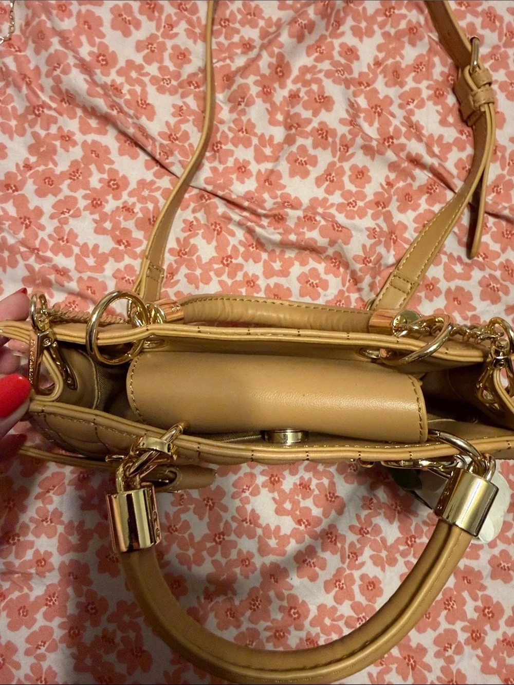 Steve Madden Quilted Tan Satchel with Gold Chain Accents
